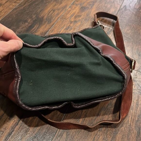 VTG made in USA Canvas Back shoulder bag green canvas brown leather trim EUC - Picture 10 of 16